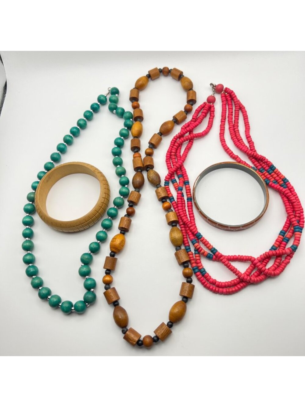 Wooden Jewelry Lot 26" 24" 20" Necklaces 8" 8.5" Bracelets Multicolor Boho